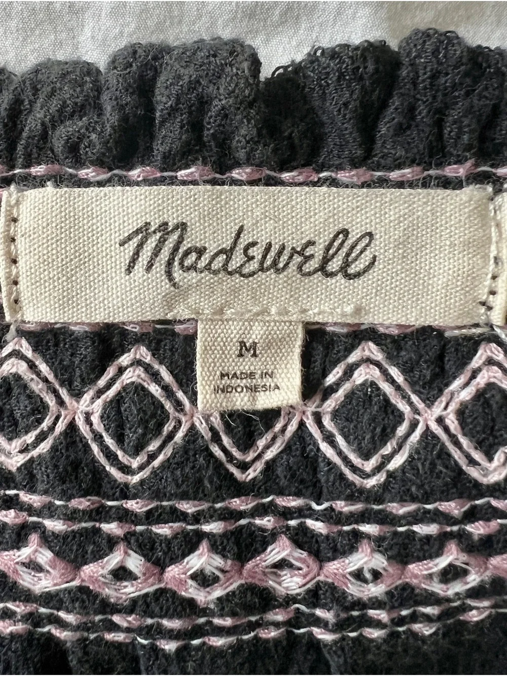 Madewell Black Square-Neck Embroidered Puff Sleeve Blouse/Med
